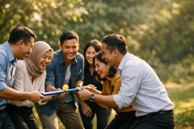 Peserta corporate team building iOutbound bermain teamwork games untuk melatih kolaborasi dan komunikasi tim