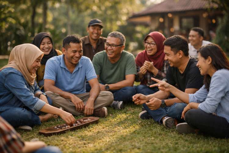Suasana fun games dalam acara gathering perusahaan dan keluarga di area outdoor