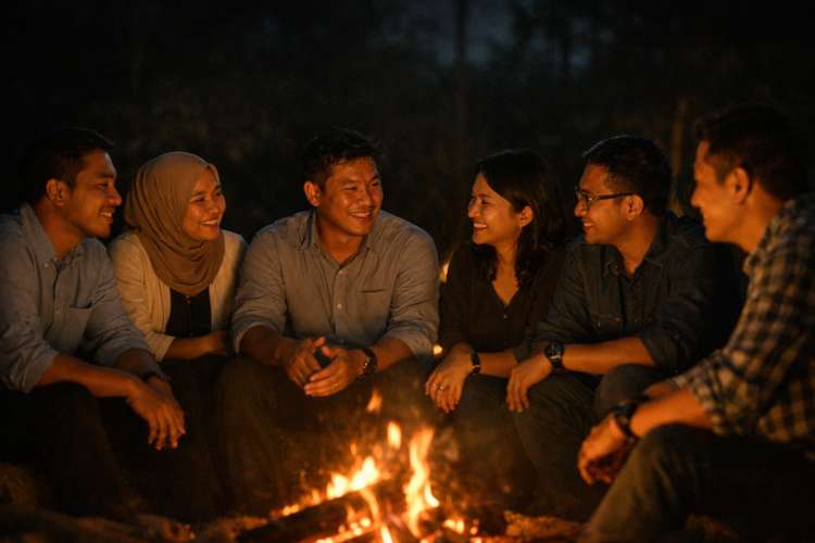 Kegiatan outing iOutbound dengan sesi api unggun yang hangat dan penuh kebersamaan