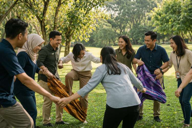 Peserta outing team building bermain games kreatif dengan alat sederhana dan penuh tawa