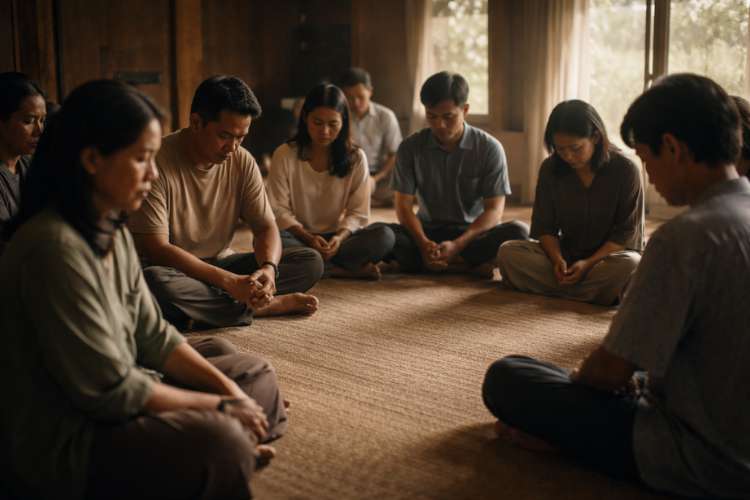 Peserta retreat iOutbound melakukan refleksi diri dalam suasana tenang di dalam ruangan yang hangat