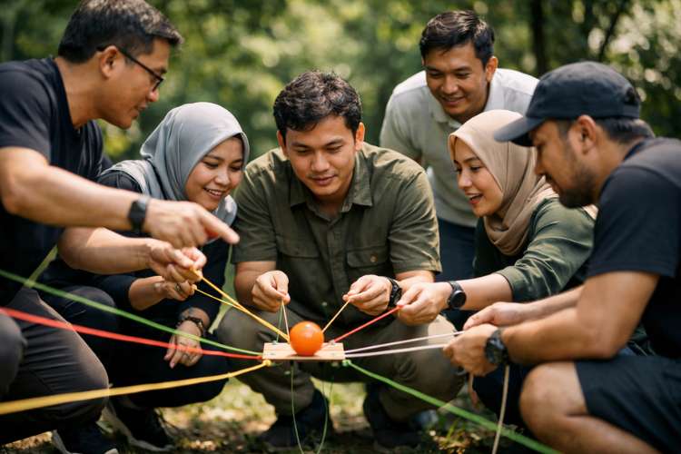 Kegiatan teamwork dalam program team building di alam terbuka dengan suasana asri
