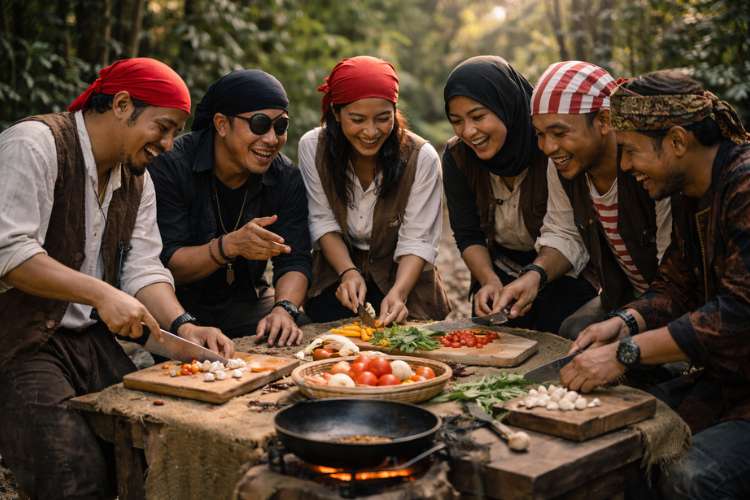Peserta team building iOutbound mengikuti cooking challenge dengan tema bajak laut dalam kegiatan tematic outbound