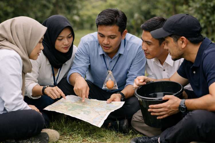 Peserta team building iOutbound menyusun strategi dalam permainan treasure hunt di area outdoor