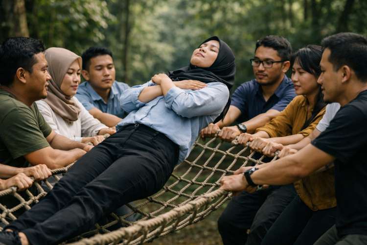Peserta melakukan trust fall into a net untuk melatih kepercayaan dan kerjasama tim