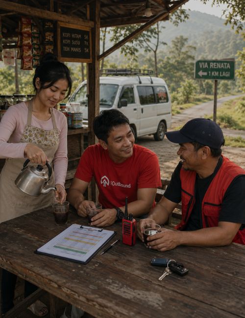 Ilustrasi crew dan driver EO sedang beristirahat di warung kopi dengan papan petunjuk jalan bertuliskan VIA RENATA 1 KM LAGI di latar belakang