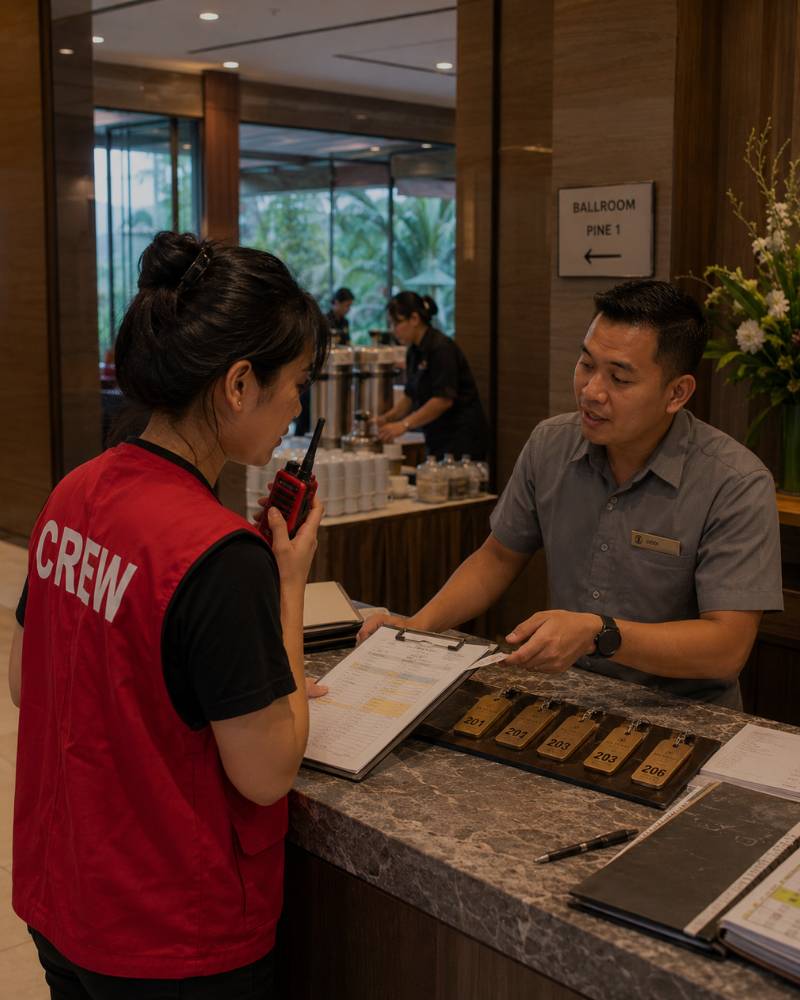 Ilustrasi crew iOutbound sedang mengambil kunci-kunci kamar di meja resepsionis front office hotel untuk persiapan employee gathering
