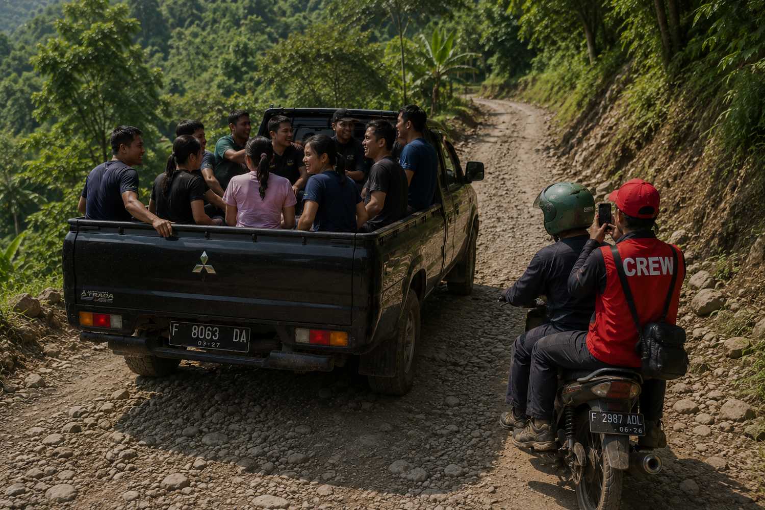 Peserta rafting iOutbound naik mobil pickup dari finish point menuju meeting point, didampingi crew yang mengambil foto candid dari motor.